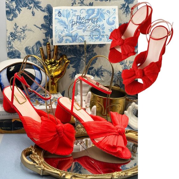 🆕 LOEFFLER RANDALL 🧿 NWOT Dahlia Candy Apple Red Pleated Organza Bow Heel Sz 7